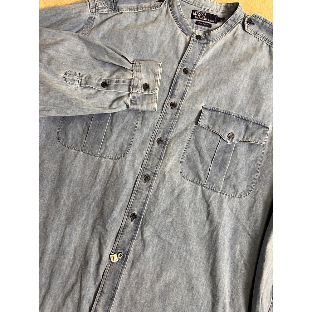 Vintage Polo Ralph‎ Lauren Shirt XL Band Collar Epaulette Work Faded Distressed